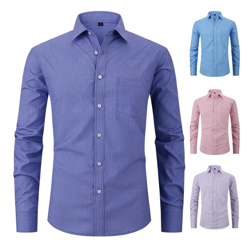 

Men's Plaid Business Shirt 2023 Autumn New High Quality Regular Fit Stretch Shirt Men Long Sleeve Wrinkle-Free Easy Care Shirt