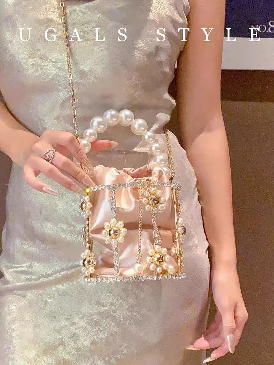 

Luxury Pearl Beaded Hollow Out Women's Handbag Crystal Rhinestones Diamond Evening Bag Wedding Party Clutch Purse Shoulder Bag