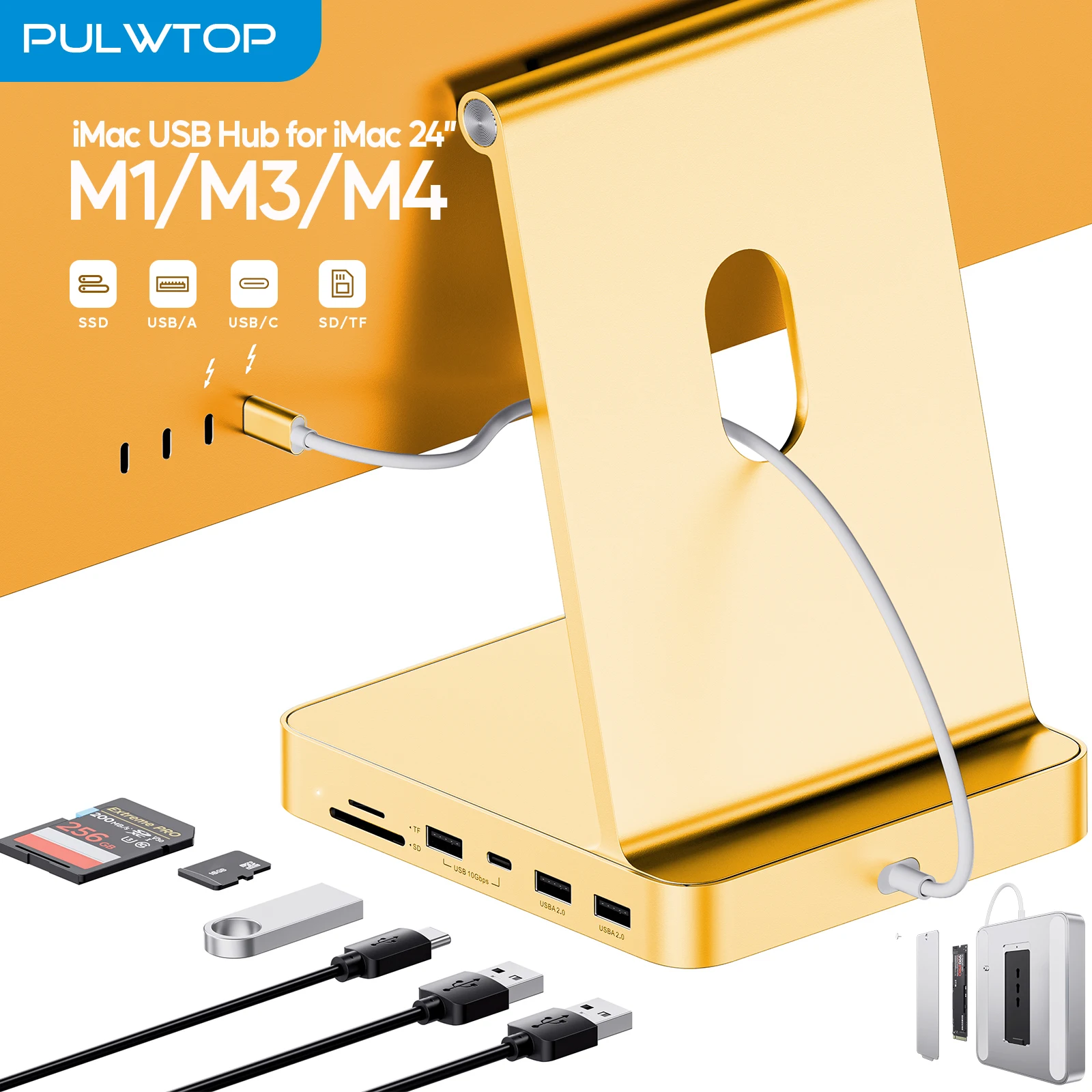 PULWTOP USB C HUB voor iMac 24 inch 2021/2023/2024, iMac Hub met USB C/A 10Gbps, SD/TF, ondersteuning voor uitbreiding M.2 SSD (NIET inbegrepen)