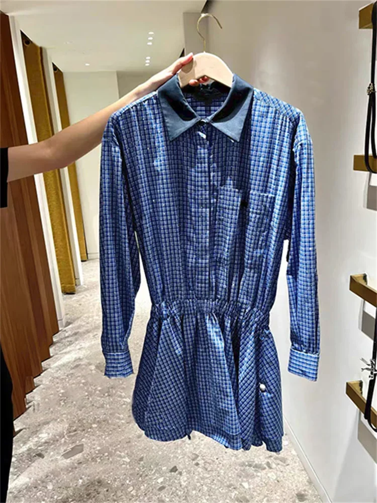 Combinaison à carreaux bleus pour femmes françaises – Col chemise avec strass et body à taille élastique