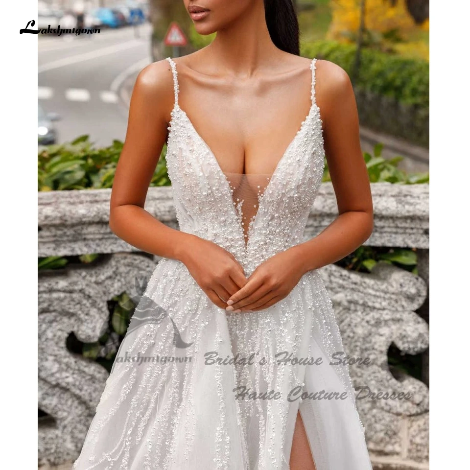 Lakshmigown Luxury Beading Beach Wedding Gowns Backless 2024 Vestidos Arabic Boho Bride Dresses Plunging V Neck Puffy Sleeves