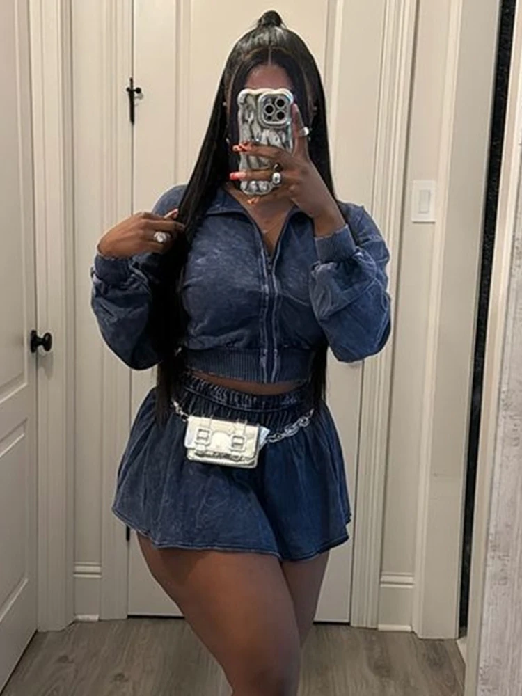 Kliou Distressed Style 2 Piece 세트 여성 전체 소매 카디건 크롭 재킷 + 탄성 허리 미니 스커트 핫티 스트리트 패션 슈트