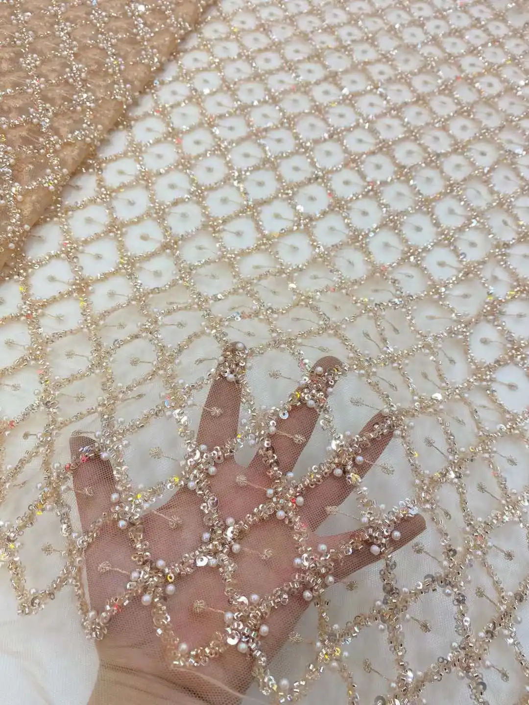 Luxury African Lace Fabric High Quality Sequins Beads Lace Fabrics For Nigerian Wedding French Tulle Lace Fabric