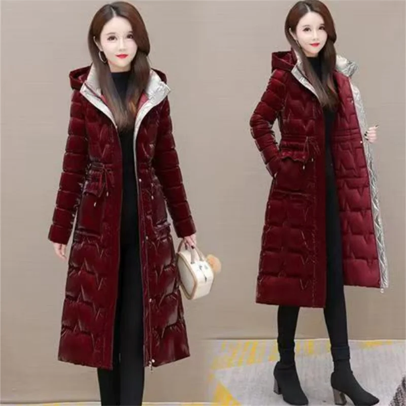 Vestes matelassées en coton à capuche combinée pour femmes, parkas longues, pardessus chaud, mince, imperméable, brillant, décontracté, hiver,