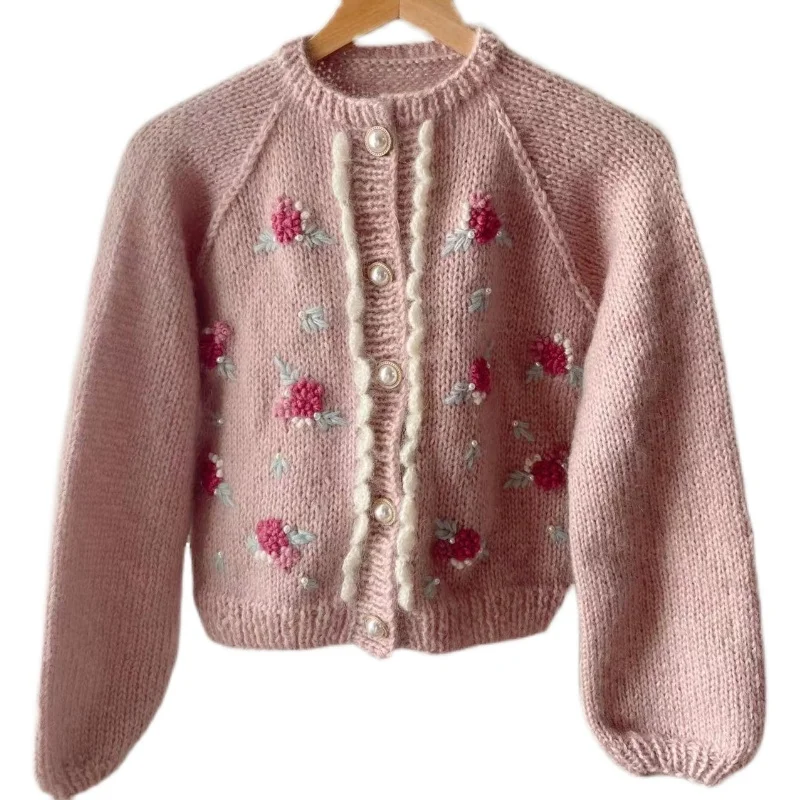 Hand woven comfortable mohair women\'s 3D embroidered cardigan, small flower handmade sweater short jacket sweet original design