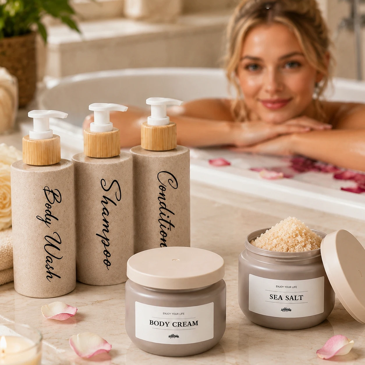 5Pack Bathroom Accessory Set, Refillable Shampoo Conditioner Body Wash Pump Bottles & Storage Jars, Wheat Straw Countertop Decor