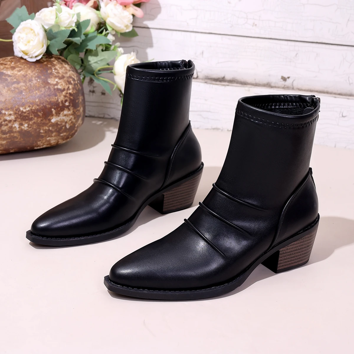 

Pointed Toe Square Heel Modern Boots Fashion Pleated High Heels Outdoor Party Office Women Shoes Plus Size Casual Thin Bootie
