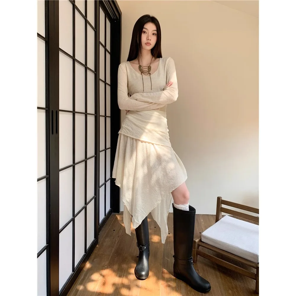 

Fashion Pure Desire Spice Irregular Hem Dress 2024 Autumn Chic Small Niche Slim Long Dress Lazy Style Design Sense Of Women 90s