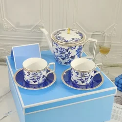 European Blue Lotus Flower Tea Pot Coffee Cup and Plate Set Bone Porcelain Coffee Cup Cutlery Afternoon Tea Gift Box Set