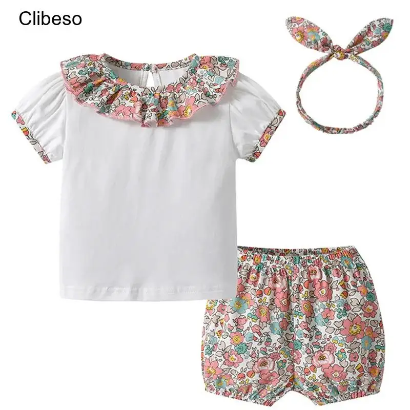 

2024 Clibeso Summer Girls Baby T Shirt And Shorts Sets Children Casual Short Sleeve Blouse + Shorts Suits With Headwear 3pcs