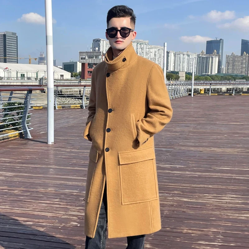 Long over knee wool coat for men  double breasted thickened liner neck protection British trend warm autumn and winter coat men