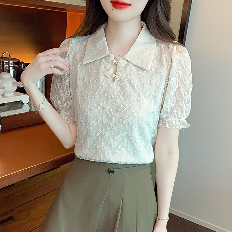 Summer New Short Sleeve Turn Down Collar Women Blouse Casual Lace Blouse Shirt Women Tops Blusas Mujer De Moda 2024 Verano G609