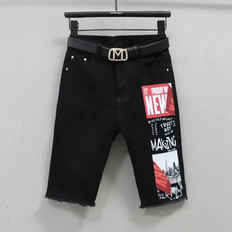 

Denim Five quarter Pants For women Summer 2025 Korean version Printed High waisted Slim Stretchy Versatile Short Jeans Casual