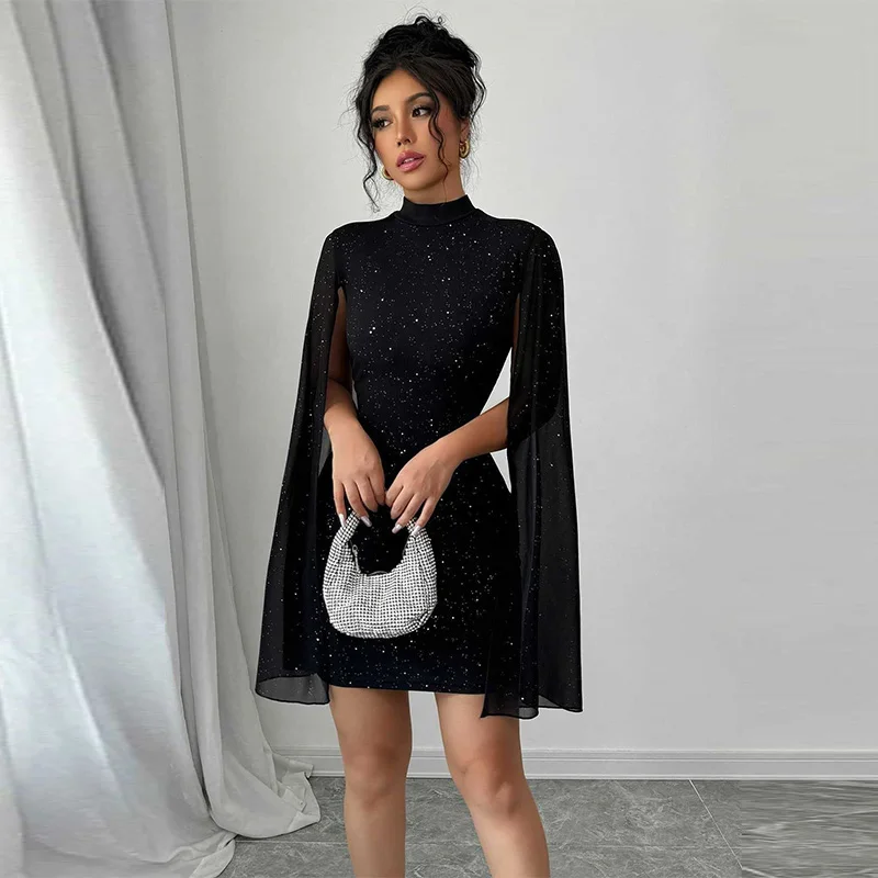 Sexy elegante vestidos de festa à noite em torno do pescoço pit listra pérola chiffon capa manga envolto hip vestido nova moda casual