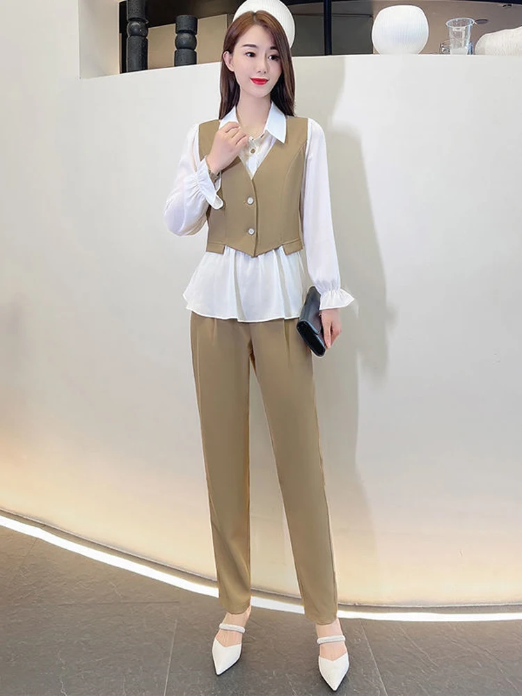

Faionable Collared Long Sve irt And Vest Set Women's Spring 2024 Two-Piece Ensemble Fake Two-Piece Trendy Outfit