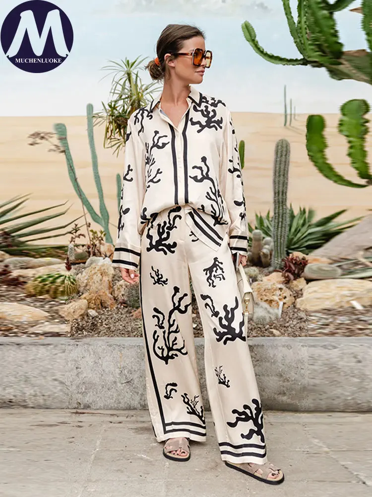 Elegant Two-Piece Sets for Women, Long Sleeve Lapel Collar Suits Casual Loose Pants, Wide Leg Pant, New Fashion Printing, Summer