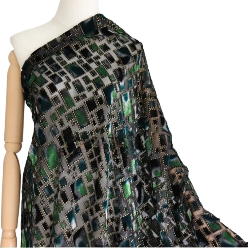 1 Meter grüner Brokat-Burnout-Samt-Jacquard-Stoff, Veloursstoff, afrikanische Spitzen-Tüllstoffe für Kleider, DIY-Näharbeiten, Bekleidung – Detail 4