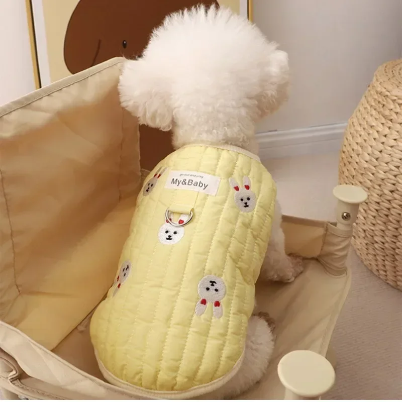 Winter Thickened Teddy Puppy Clothes Pet Sleeveless Plus Velvet Vest Cotton Cartoon Bear Rabbit Printing Pet Coat Dog Costume