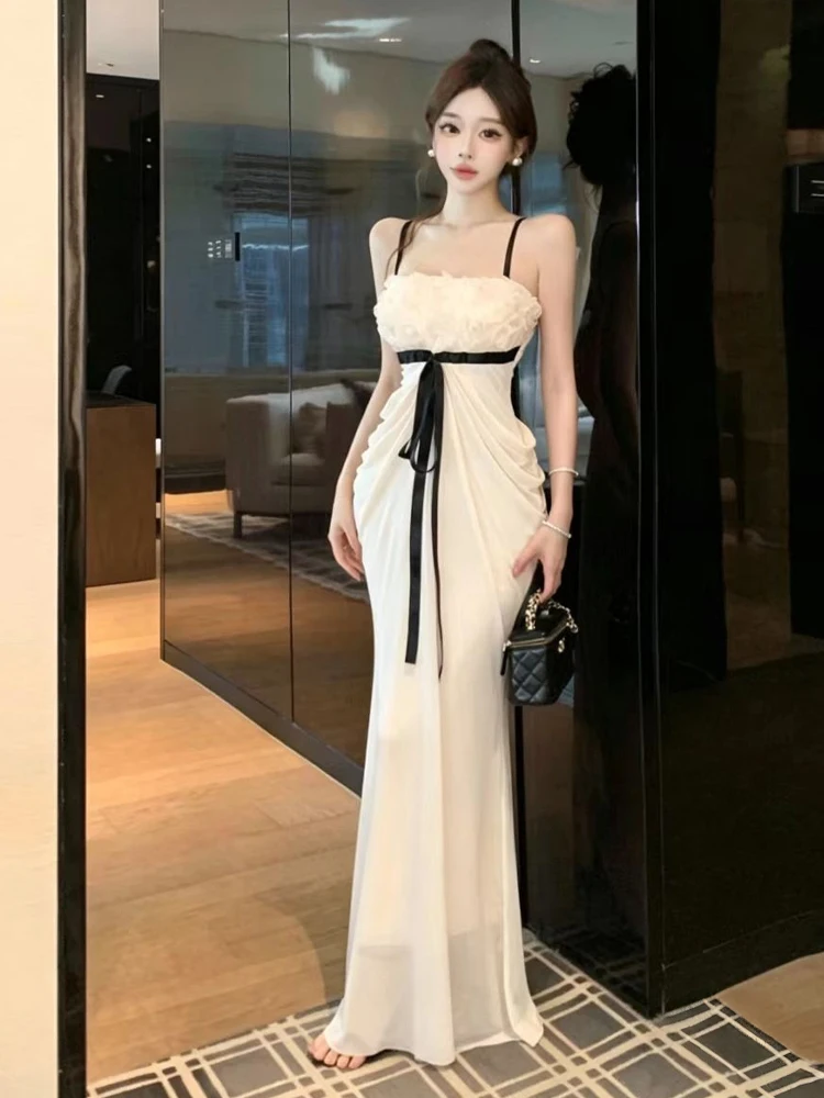 Elegant Rose Floral  Knot Splice Strapless Mermaid Dress Girl's Summer Slim Fit Gown with Waist Cinching Tailoring