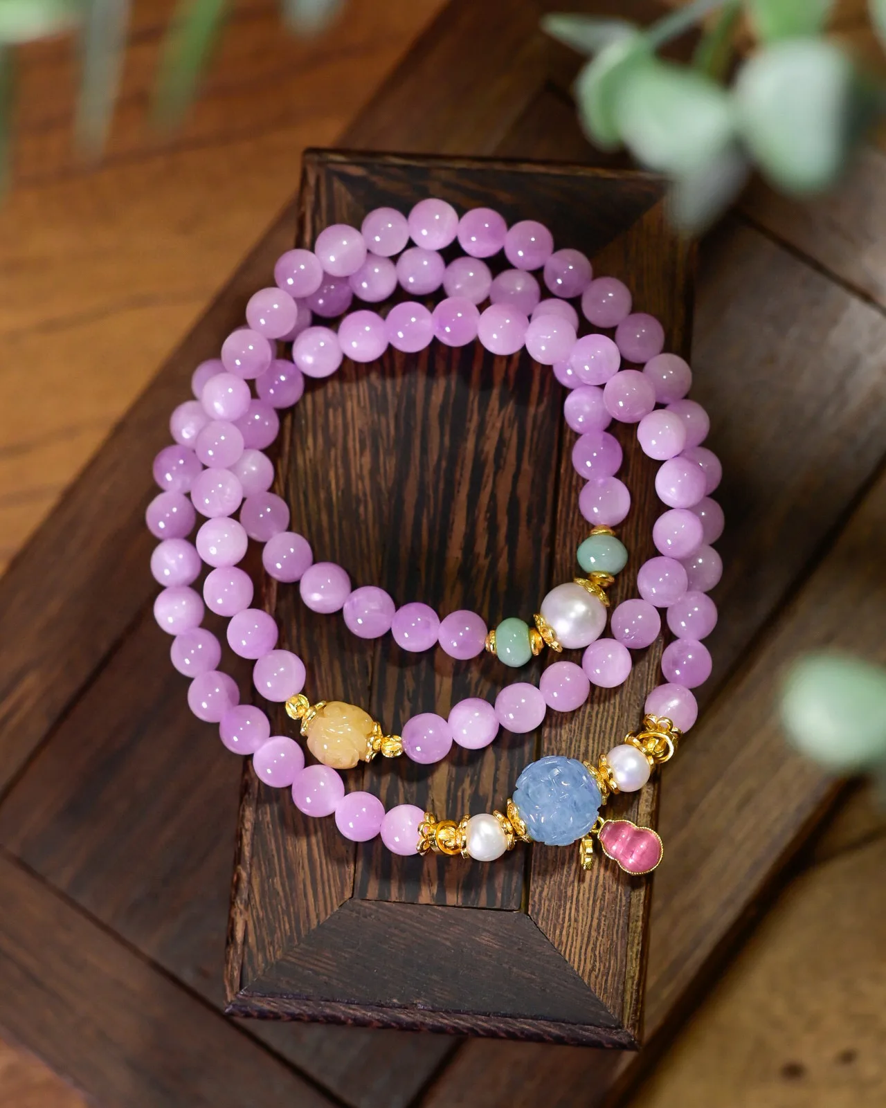 

Natural Cat's Eye Kunzite Triple Strand Bracelet - Aquamarine Greek Key Beads, Pink Tourmaline Gourd Wealth Chinese Jewelry