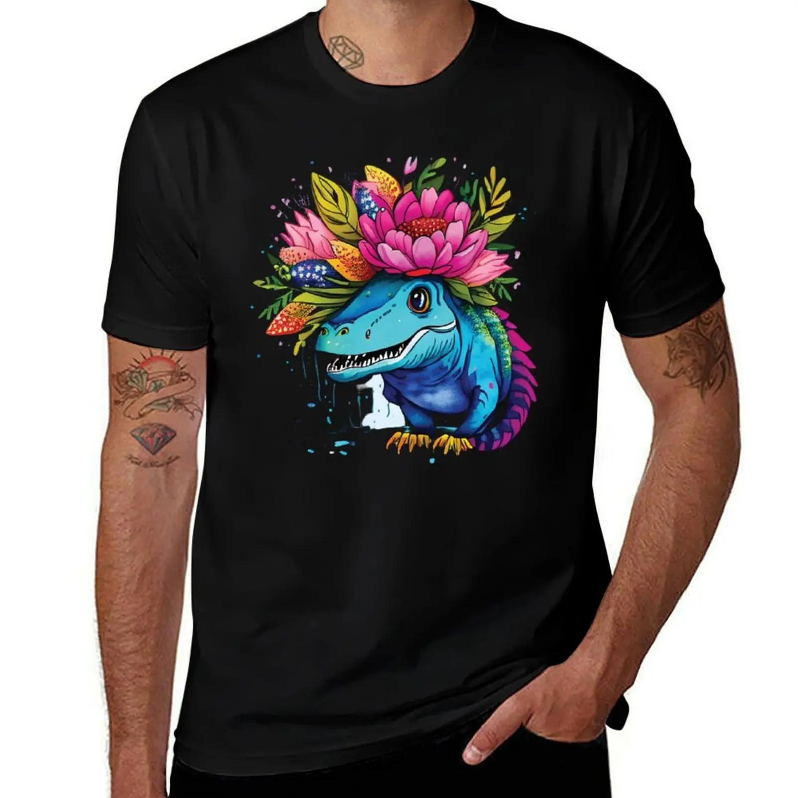 

A dinosaur wearing a floral crown and carrying a bouquet of flowers T-Shirt oversizeds oversized t shirt men