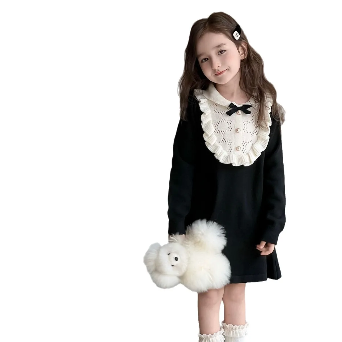 4801 Girls' Knitted Dress 2024 Autumn Winter New Fashion Girl's Wool Skirt Children's Heavy Industry Princess Dress