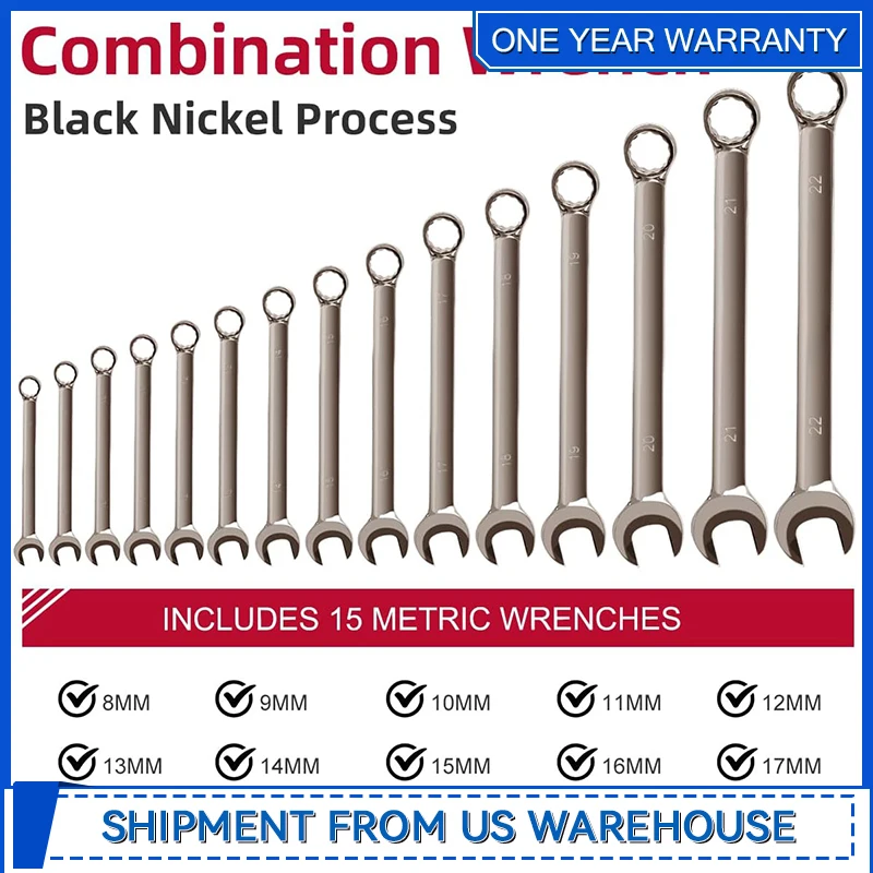 Combination Wrench 15PCS Set Mechanic Cr-V Ratchet Wrench Set Metric with Wrench Rack