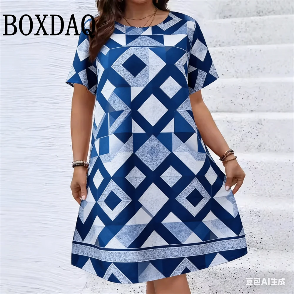 Plus Size Women's Short-Sleeved Round-Neck Loose Dress Fashion Casual Geometric Ethnic Pattern Print Retro Summer Dress 2026 New