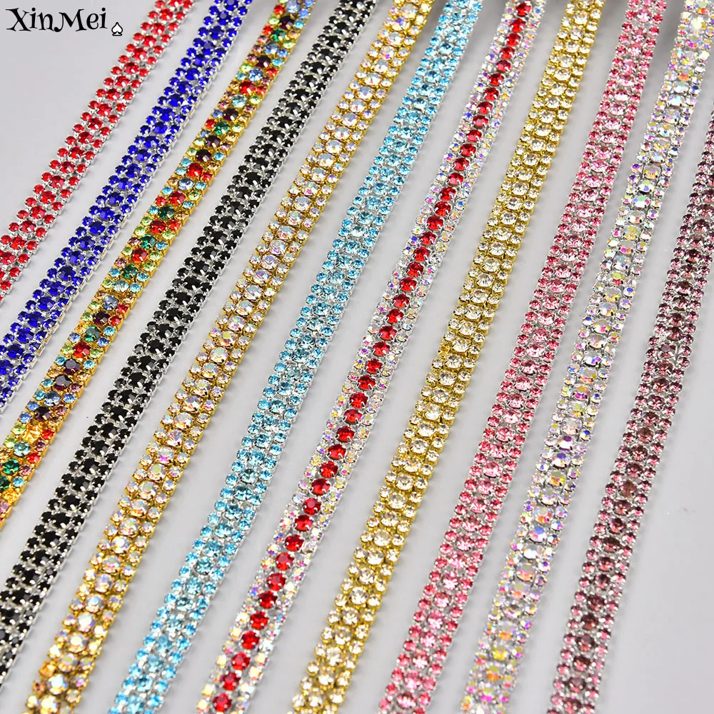 9mm Wide 3 Rows Rhinestone Cup Chain With Gold Silver Claw Colorful Glass Crystal Trim Ribbon Sew on Wedding Dress Clothing