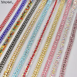 9mm Wide 3 Rows Rhinestone Cup Chain With Gold Silver Claw Colorful Glass Crystal Trim Ribbon Sew on Wedding Dress Clothing
