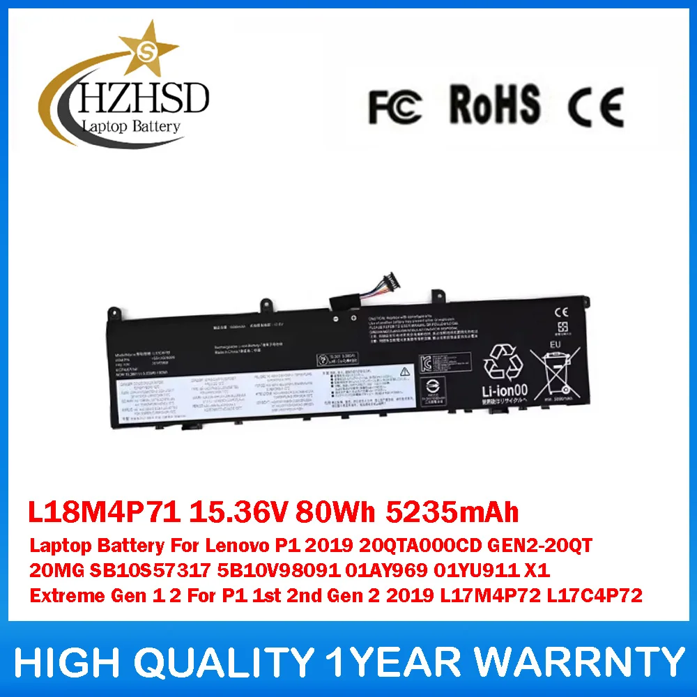 

L18M4P71 15,36 В 80 Втч 5235 мАч Аккумулятор для ноутбука Lenovo P1 2019 20QTA000CD GEN2-20QT 20MG SB10S57317 5B10V98091 01AY969 01YU911