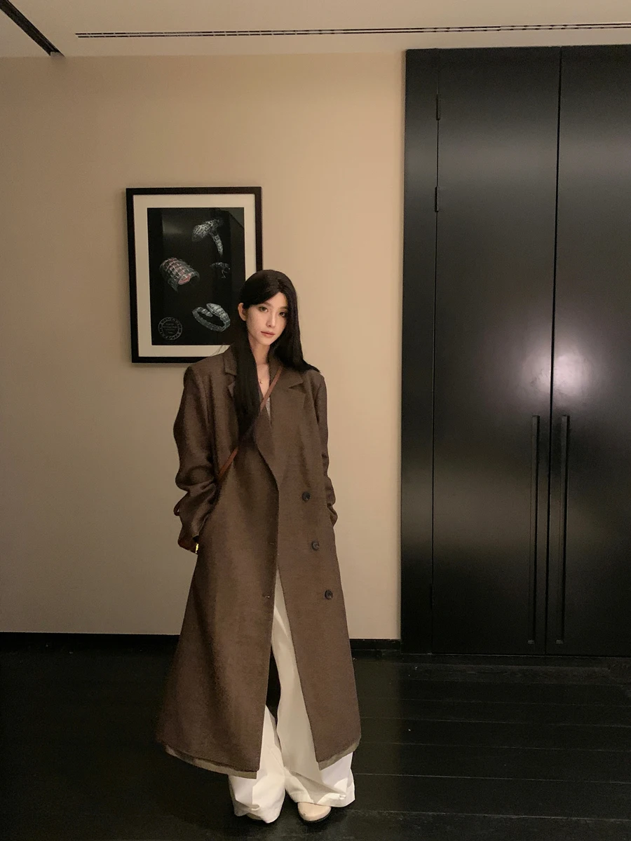 

SMBL RAIN Women's Long Woolen Coat Deep Brown Loose Design Winter Outerwear Ele Commute Sle Single Button Closure