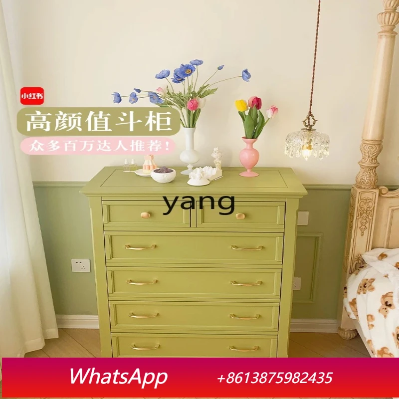 LH   Chest of Drawers Pastoral Solid Wood Bucket Side Cabinet Bedroom Green Bed Front Cabinet Retro Furniture