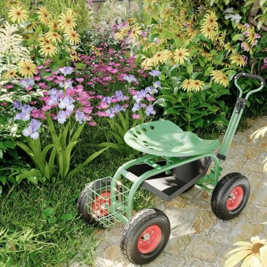 Garden Seat With Wheels 360° Garden Cart With Seat, Tool Tray and Handle