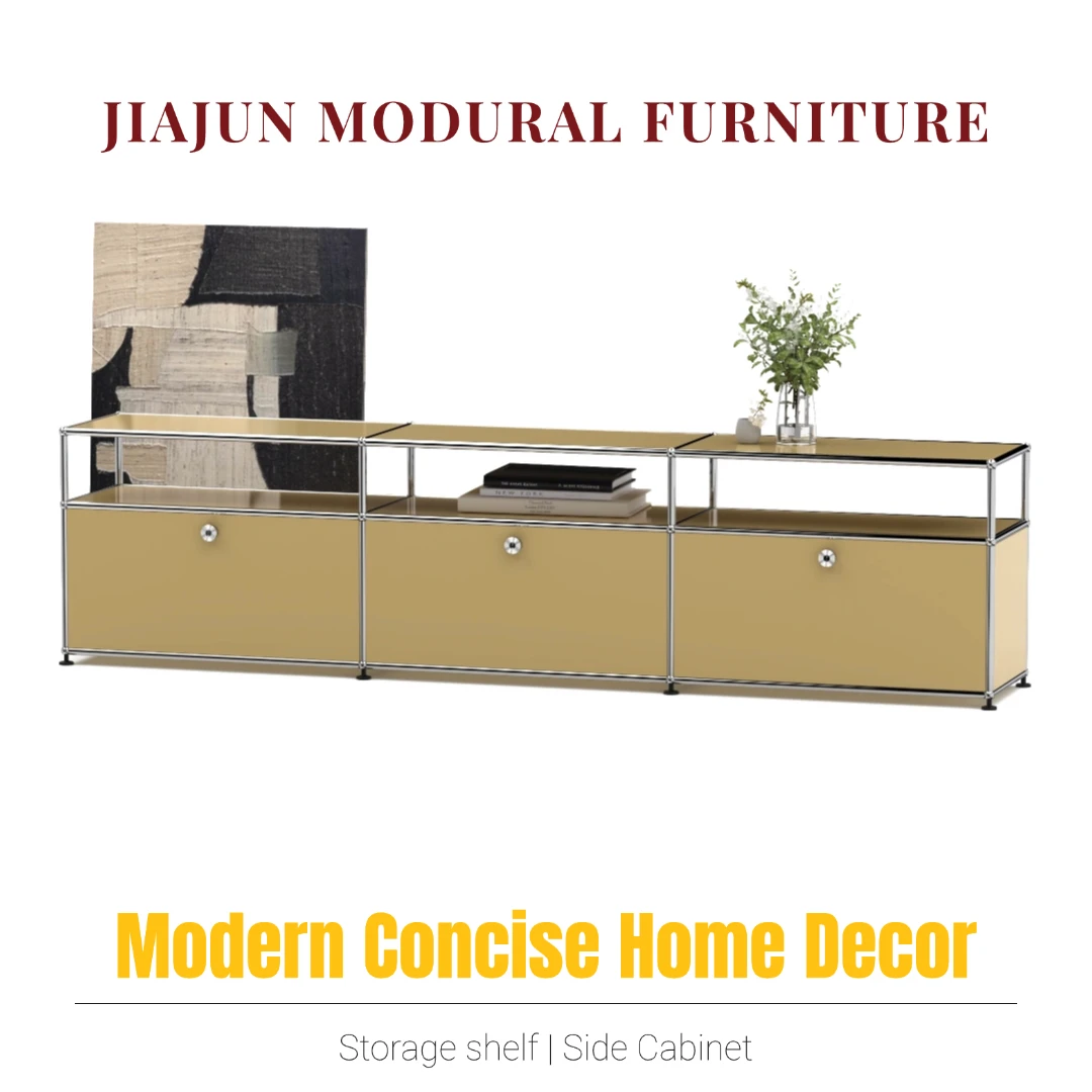 Modern Modular Low TV Cabinet｜3-Tier Sideboard with Drop Doors｜Steel Frame Storage Bench Unit | Minimalist Low Media Console