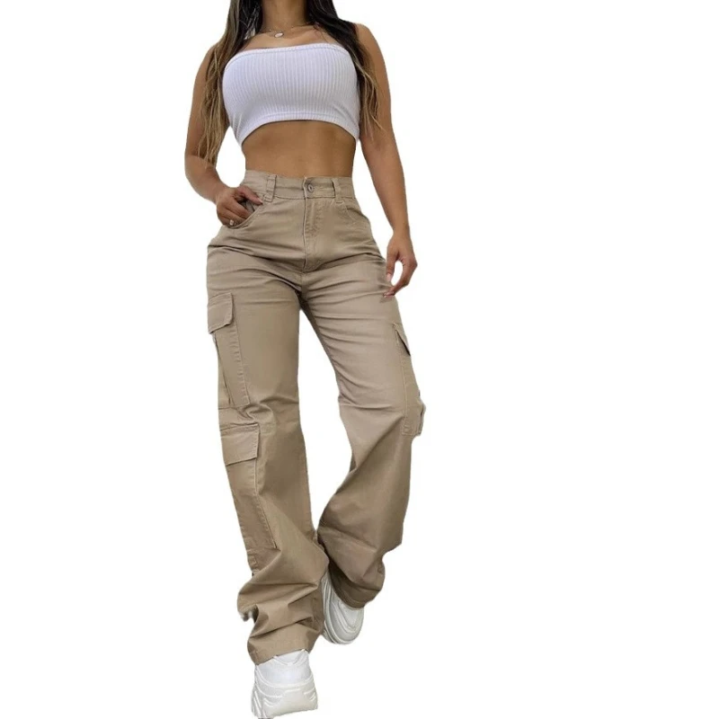 Cargo Pants Women Wide Leg Long Pant Casual Loose High Waist Jogger Button Pocket Straight Trousers Elegant Y2k Streetwear