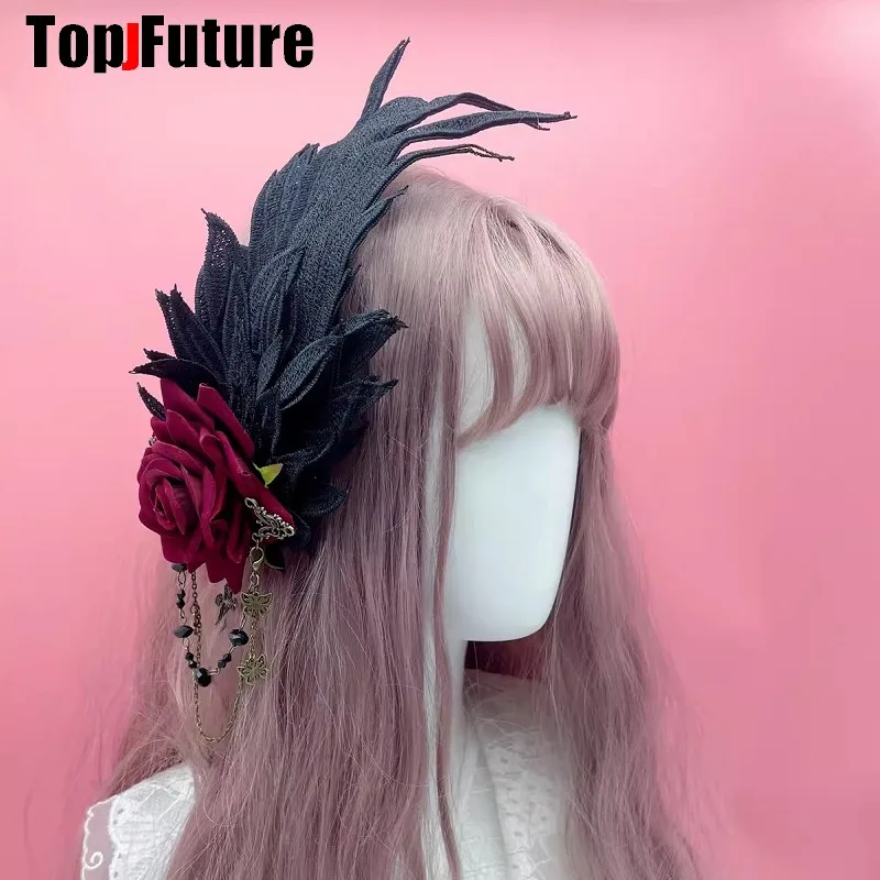 Dark Feather Rose Original Wings Can Shape Palace Punk Rose Edge Clip Gothic Lolita HeadpiHair clips pins Hairpin Barrettes