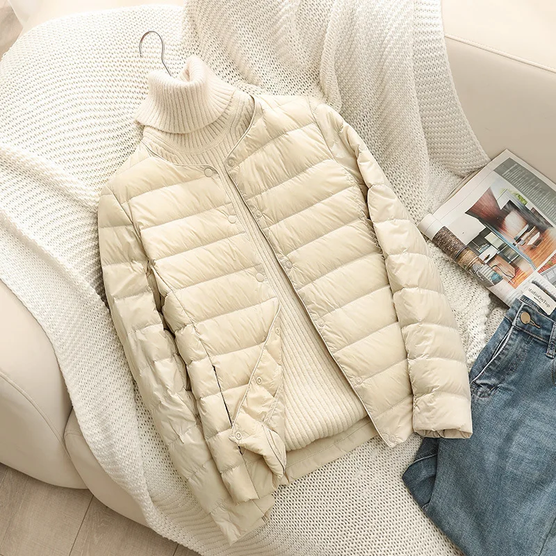 Light Thin Down Jacket for Women Short Style Autumn Winter V-neck Round Neck Long-sleeved White Duck Down Light Large-sized Coat