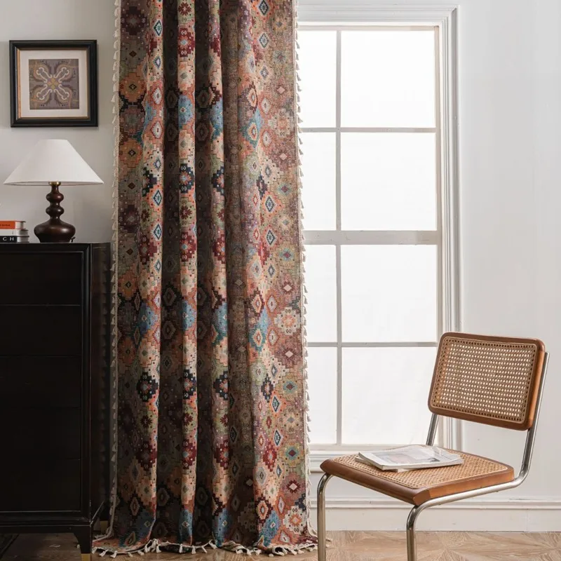 American Home Decoration Finished Jacquard Curtain with Beige Tassel Small Window Bedroom Valance Cotton Linen Semi-shading
