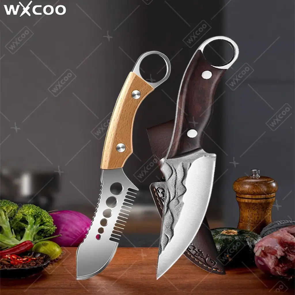 WXCOO Multifunctional Stainless Steel Hand Forged Scallion Slicer Vegetable Peeler Fish Scale Scaler Kitchen Knife with Cover