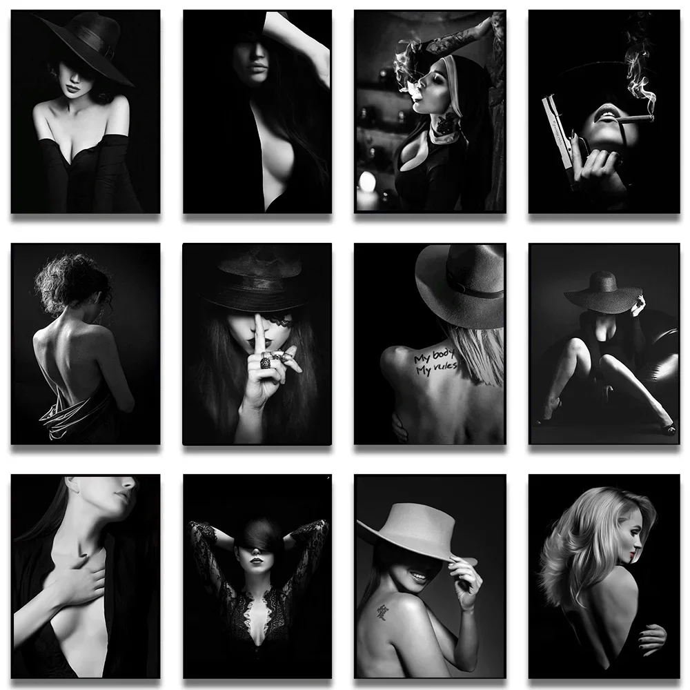 Fashion Female Smoking Sexy Nude Art Canvas Painting Modern Black White Woman Body Poster Prints Living Room Home Decor Pictures