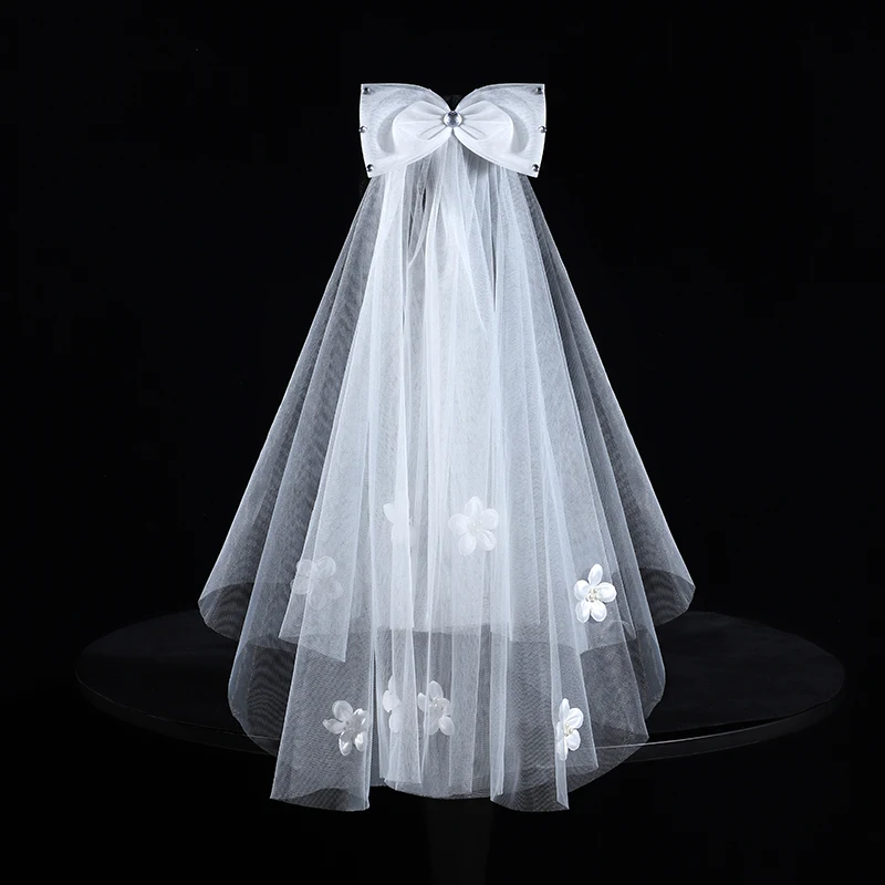 A white elegant bridal veil adorned with a bow, suitable for women's wedding waist length veils