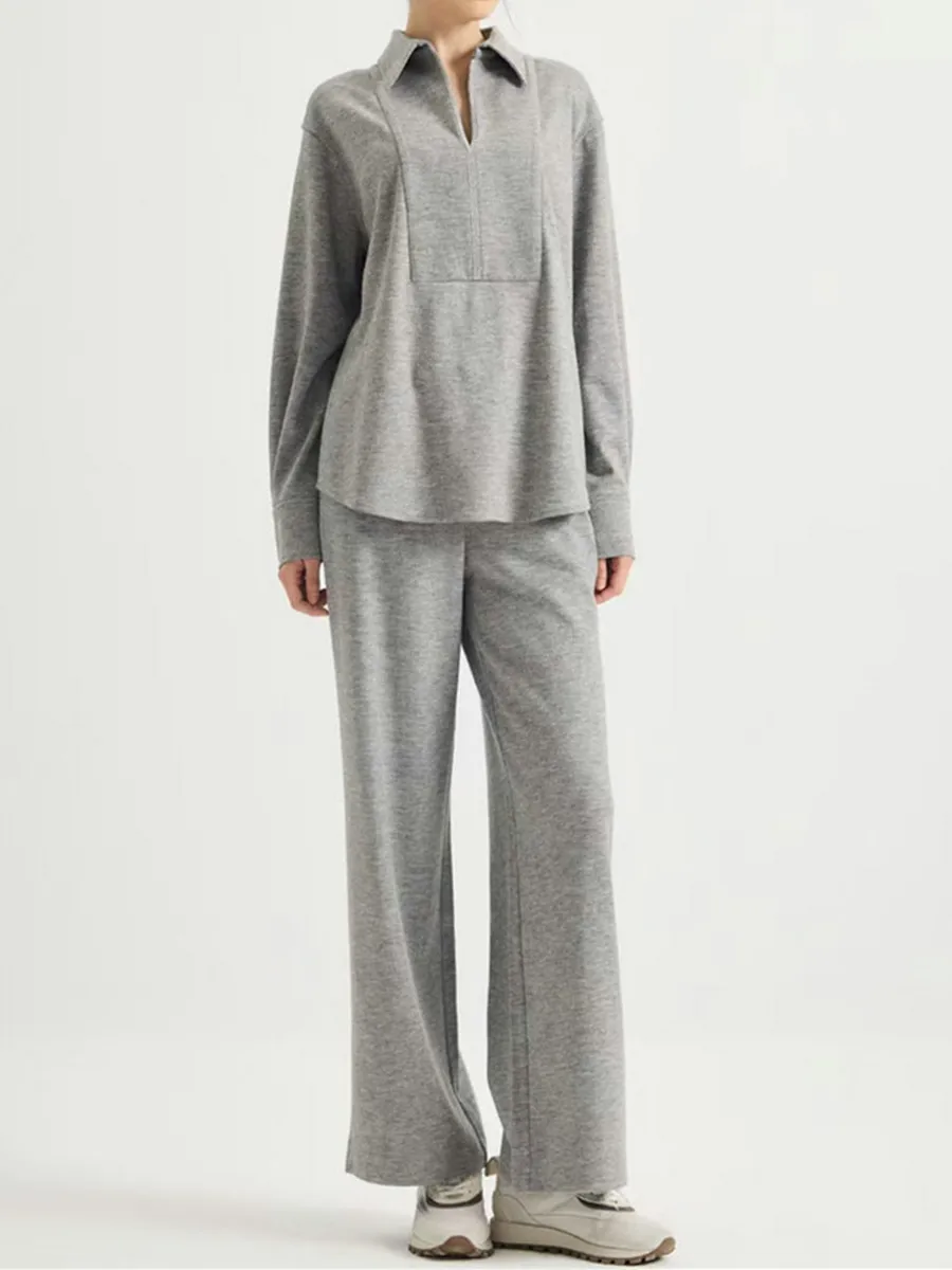 Women's 2026 Autumn Winter Wool Blended Long Sleeve Top with Wide Leg Pants Casual Set
