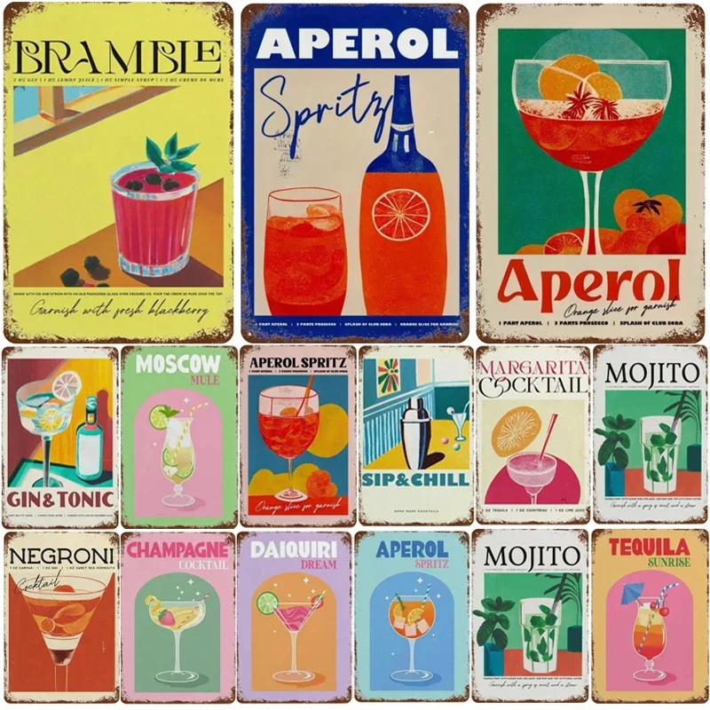 خمر عصير الفاكهة معدن القصدير تسجيل Mojito Aperol Spritz الملصقات وسانجريا شرب Negroni اللوحة للنادي بار متجر ديكور المنزل