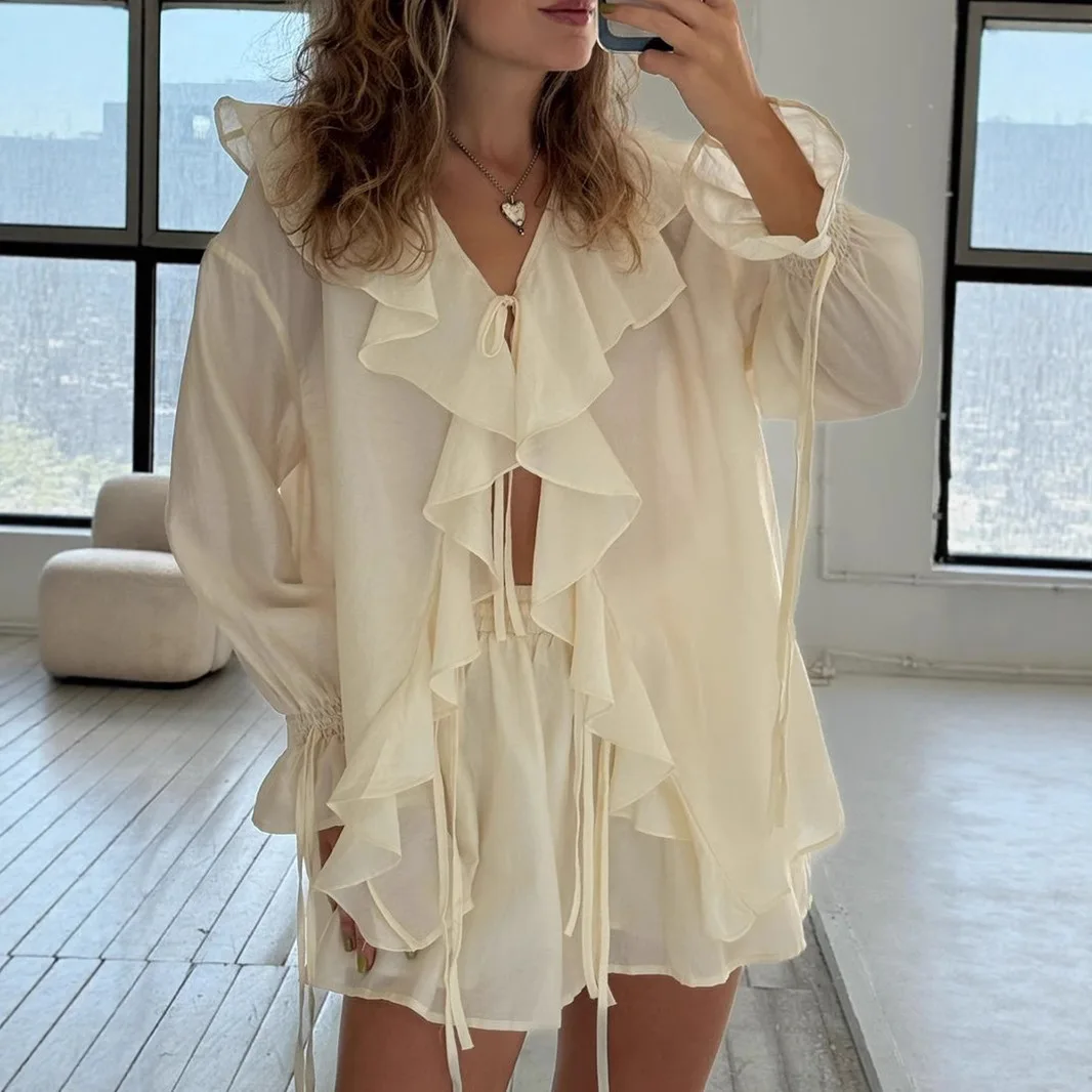 

Summer Fashion Two-Piece Set for Women Ruffle Long Sleeve Blouse & High-Waist Shorts Elegant Casual Outfit with Chic Vibes New