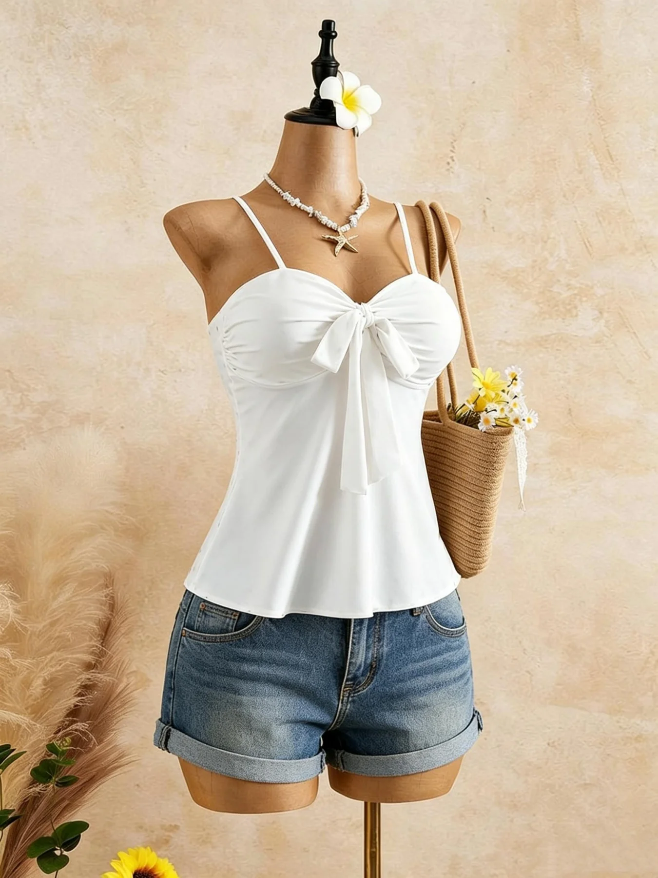 Women Spaghetti Strap Sweetheart Neck Front Tie Twist Flared Peplum Cami Top 2026 Summer Solid White Casual Vacation Slim Fit Sl