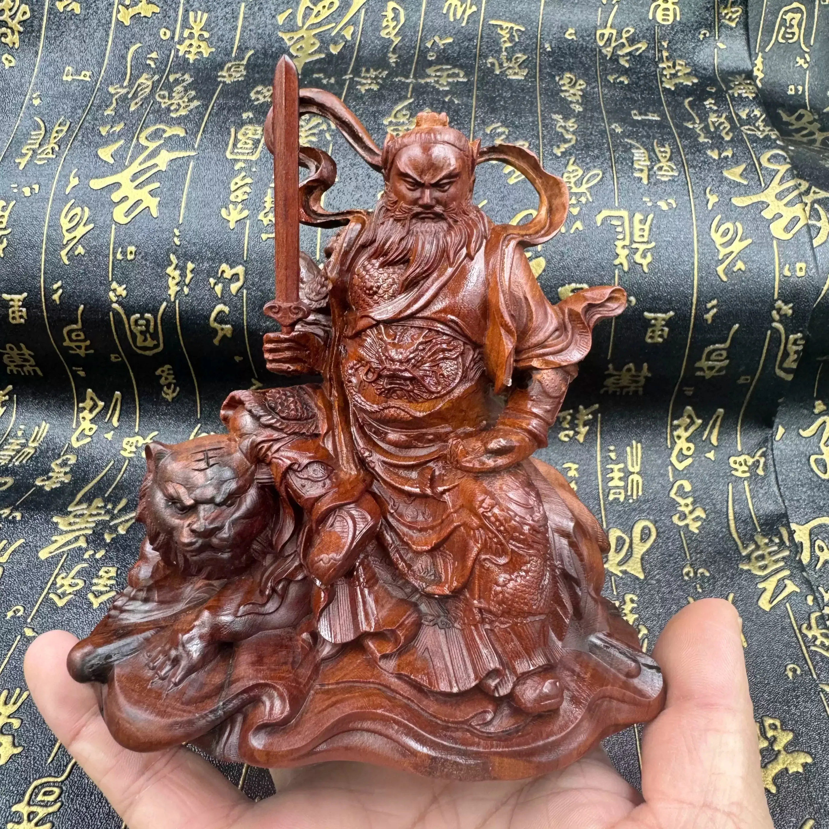 Natural Thunder Wood Carving Statue of Taoist Patriarch Zhangtianshi Riding a Tiger fengshui Sculpture