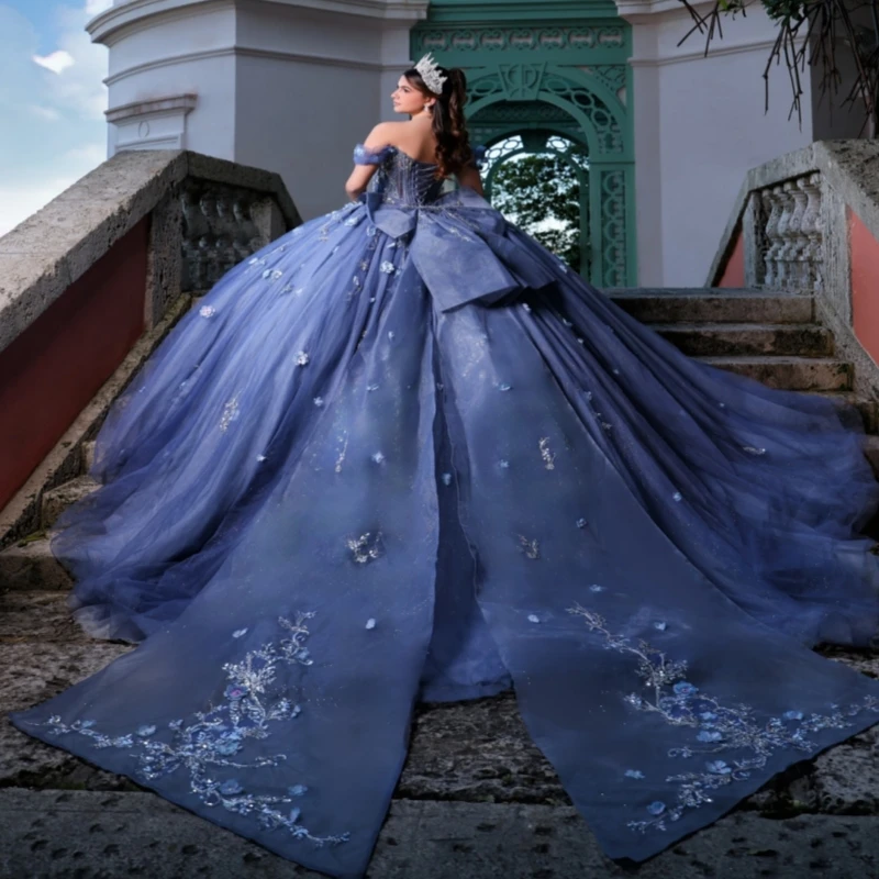 

Sea Blue Shiny Ball Gown Quinceanera Dresses Applique Lace Beading Crystal Bow Tull Corset Off Shoulder Sweet 16 Dress Vestidos