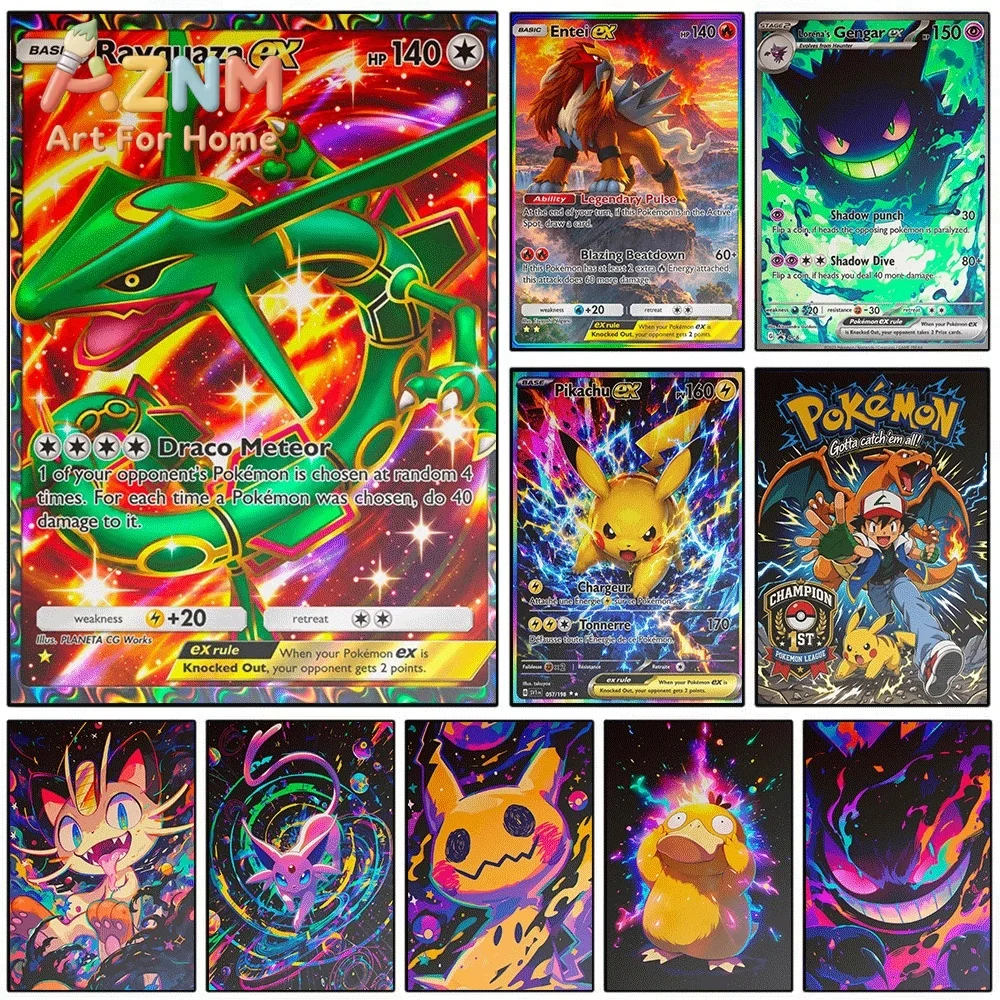 2D Flat Posters & Prints,Rayquaza Pokemon Card Style Canvas Wall Art,2D Flat Frameless Anime Monster Print,Home Decor for Kids
