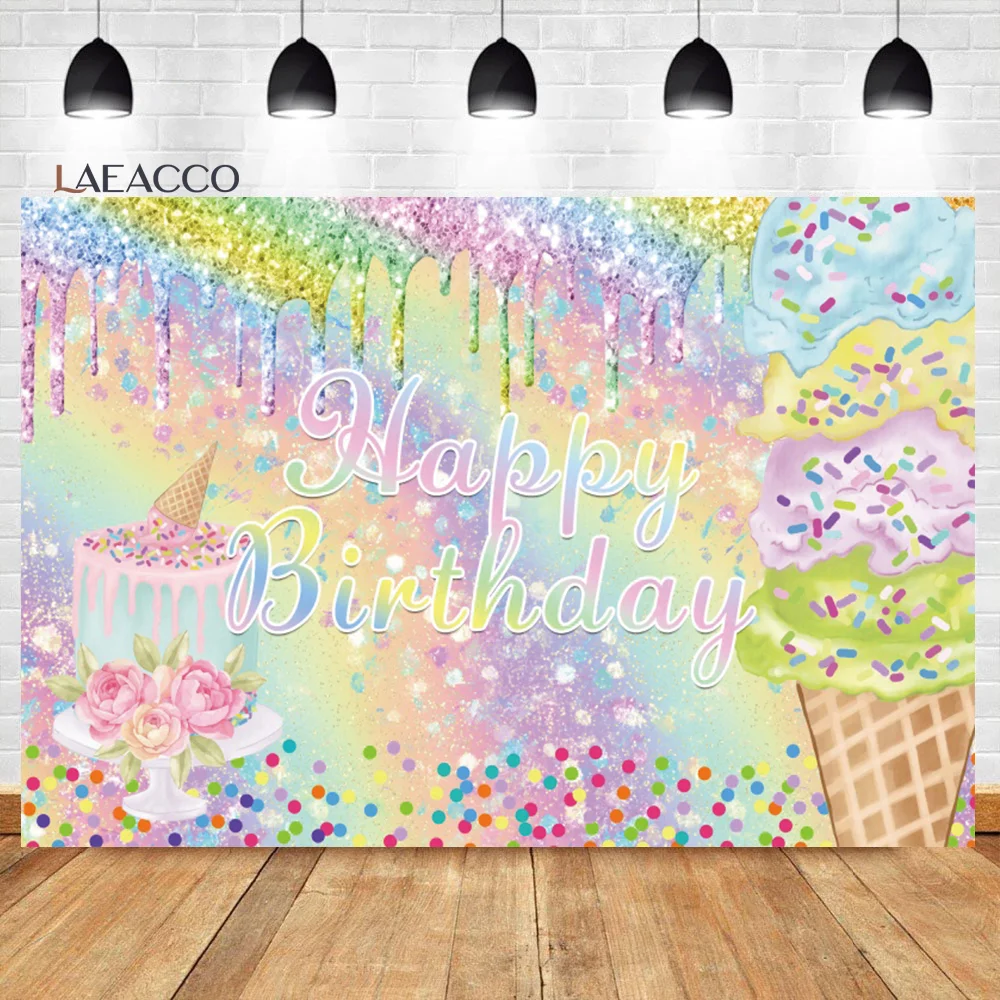 

Laeacco Sparkling Ice Cream Happy Birtdhay Backdrop Sweet Candy Dessert Girl Baby Shower Portrait Custom Photography Background